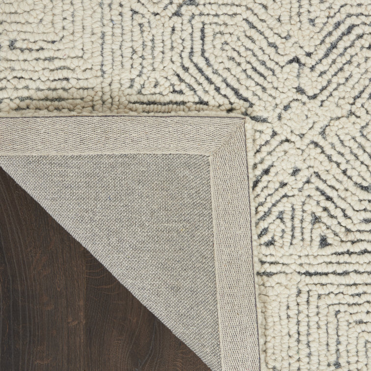 Cream and Navy Tufted Geometric Wool Area Rug