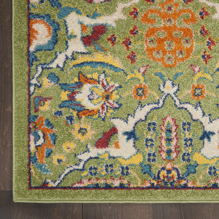 Large Green Floral Machine Woven Performance Rug