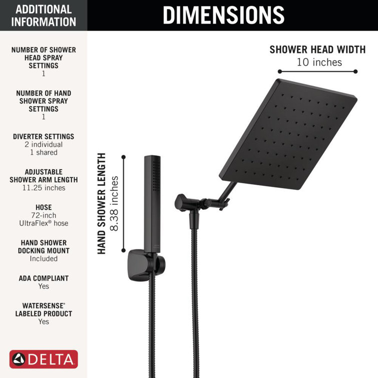 Matte Black Adjustable Square Rain Shower Head Combo
