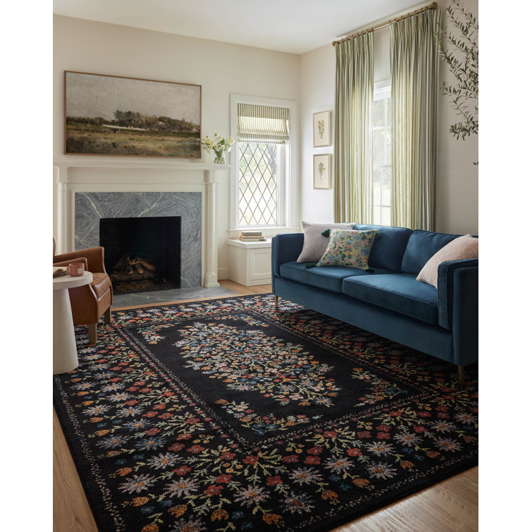 Black Floral Synthetic Easy Care Rectangular Area Rug 2'-8" x 4'