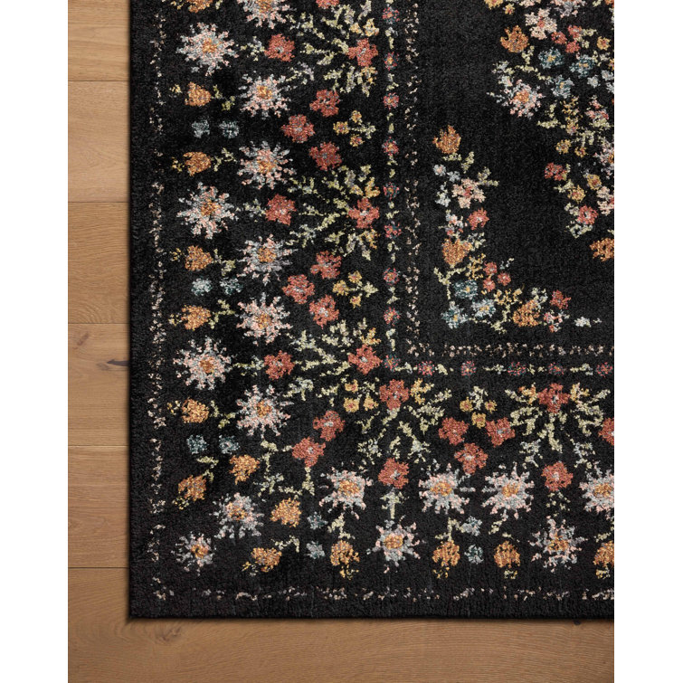 Black Floral Synthetic Easy Care Rectangular Area Rug 2'-8" x 4'