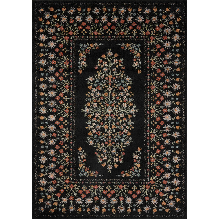 Laurel Black Floral Synthetic Runner Rug 2'-8" x 8'