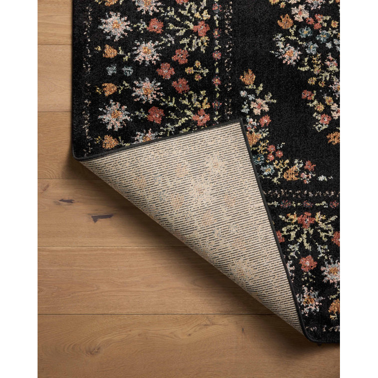 Black Floral Synthetic Easy Care Rectangular Area Rug 2'-8" x 4'