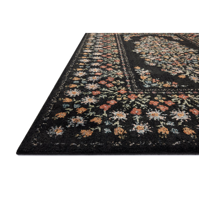 Black Floral Synthetic Easy Care Rectangular Area Rug 2'-8" x 4'