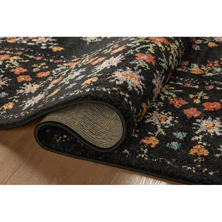 Black Floral Synthetic Easy Care Rectangular Area Rug 2'-8" x 4'