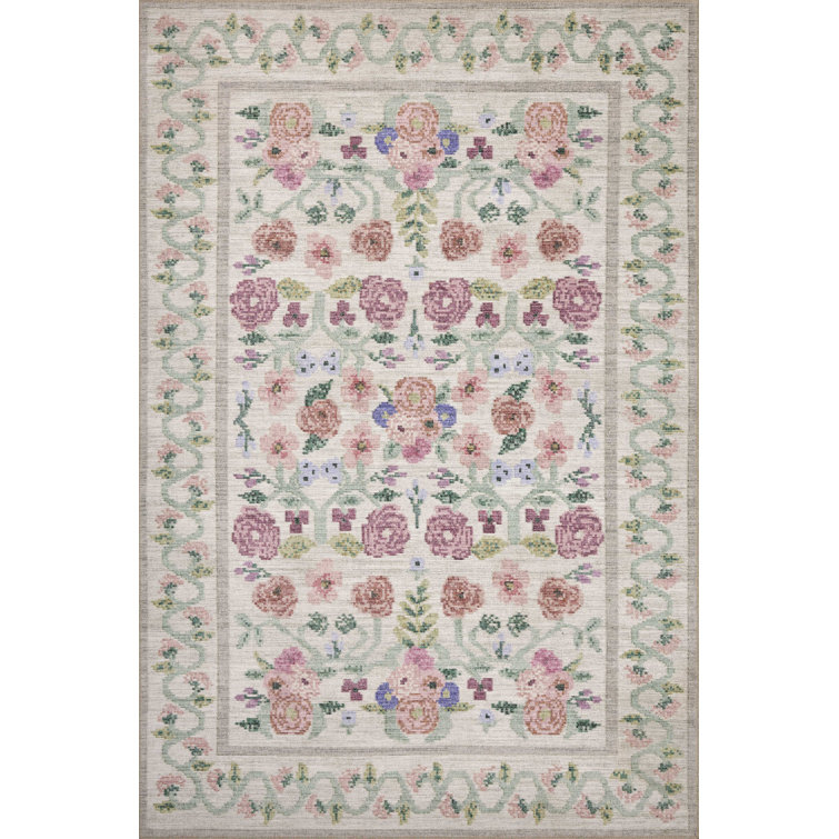 Ivory Floral Synthetic 7'6" x 9'6" Area Rug