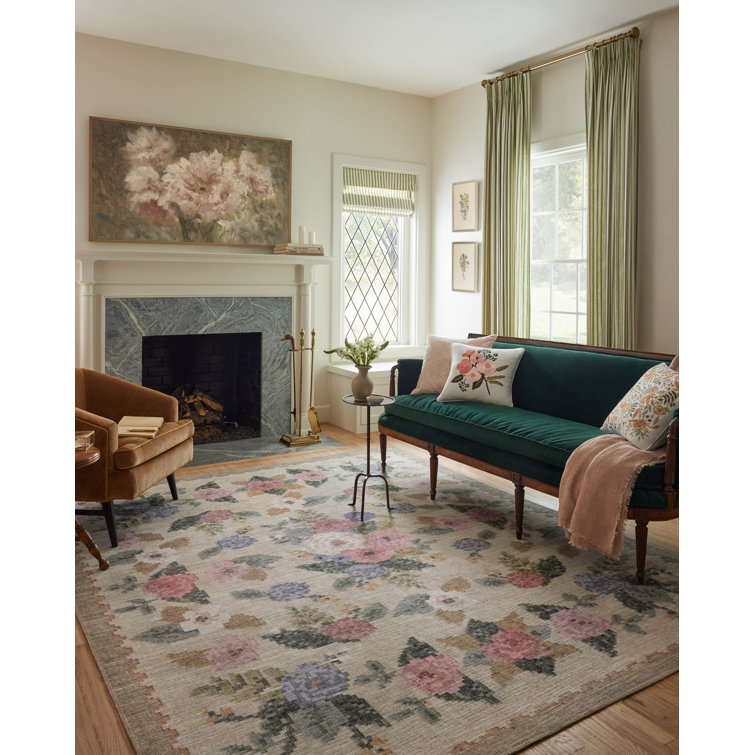 Cream Floral Synthetic Easy Care Rectangular Rug 3'-9" x 5'-6"