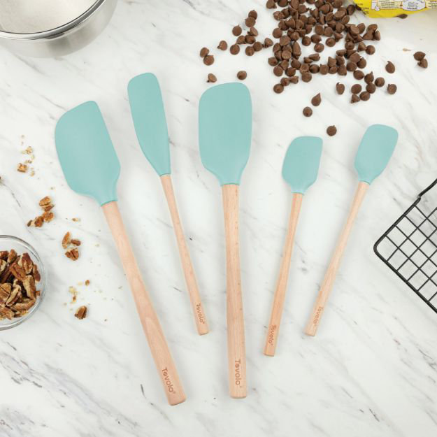 Light Aqua Silicone and Wood Handle Spatula Set of 5