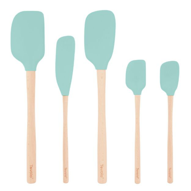 Light Aqua Silicone and Wood Handle Spatula Set of 5