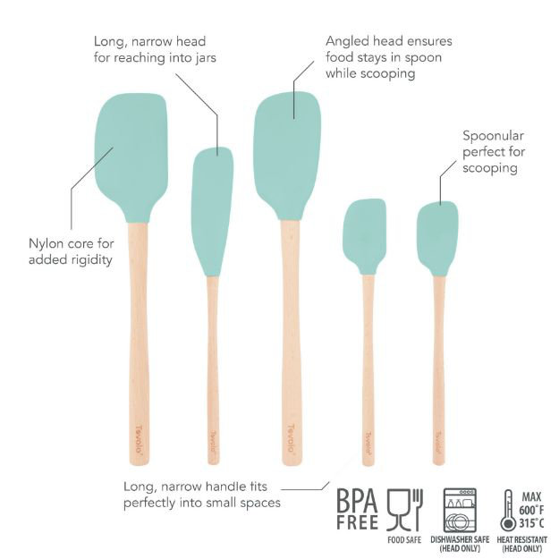 Light Aqua Silicone and Wood Handle Spatula Set of 5