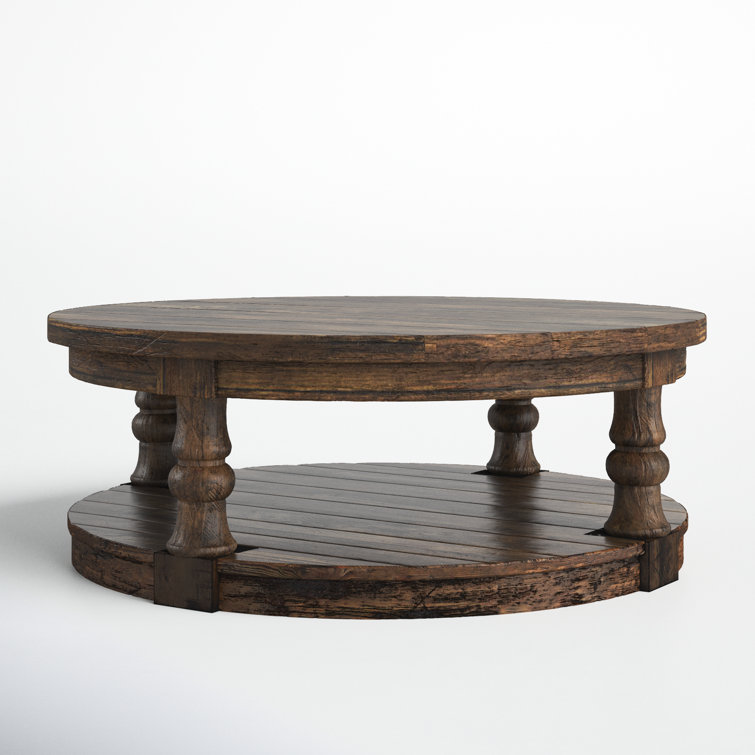 Pastoral Charm Round Oak Coffee Table with Button-Tufted Beige Linen Top