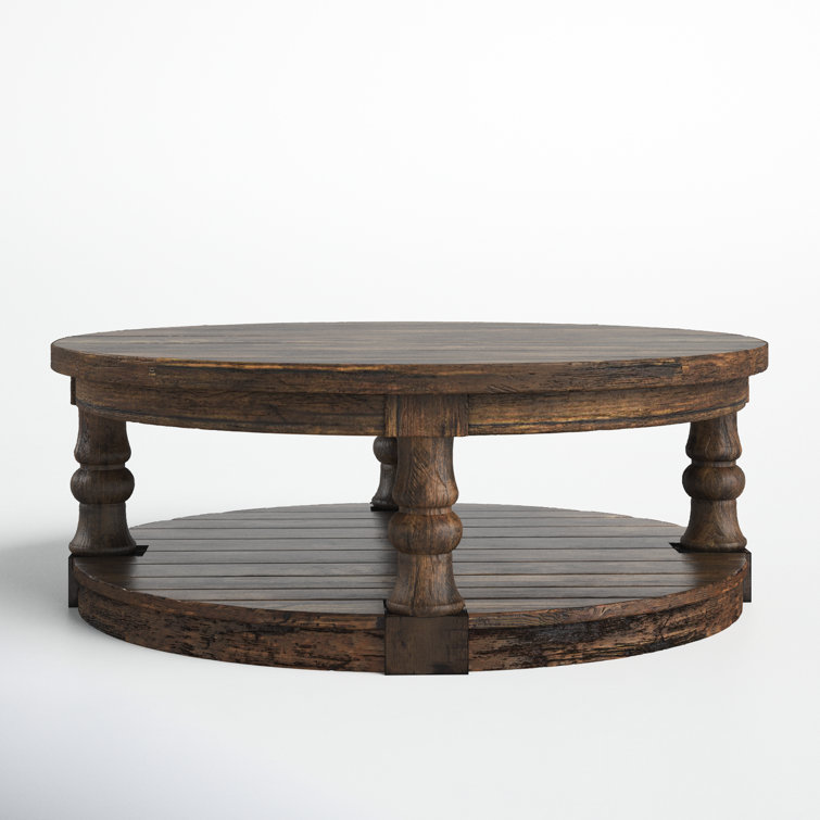 Pastoral Charm Round Oak Coffee Table with Button-Tufted Beige Linen Top