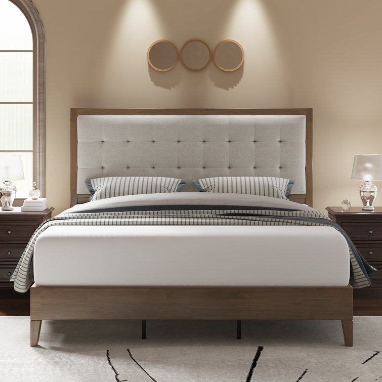 Ash Gray Queen Wood Platform Bed with Tufted Linen Headboard