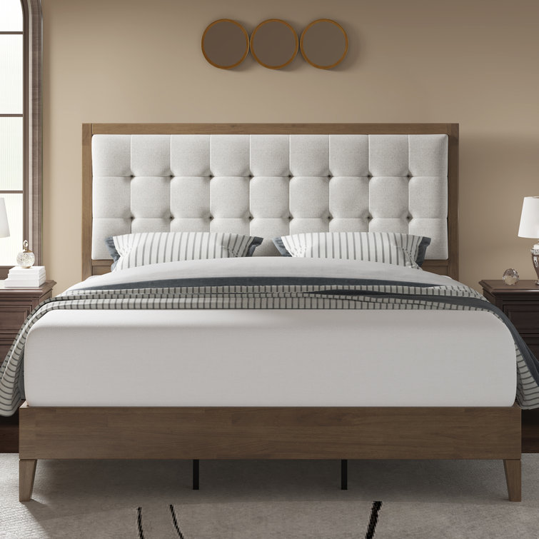Ash Gray Queen Wood Platform Bed with Tufted Linen Headboard