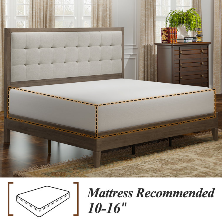 Ash Gray Queen Wood Platform Bed with Tufted Linen Headboard