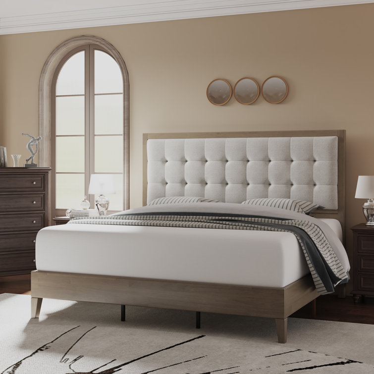 Ash Gray Queen Wood Platform Bed with Tufted Linen Headboard