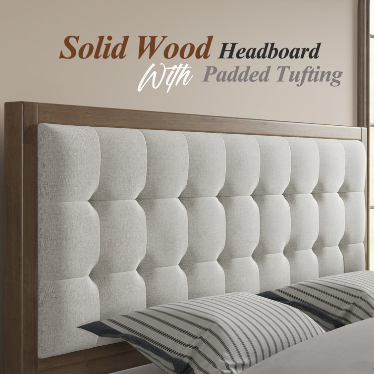Ash Gray Queen Wood Platform Bed with Tufted Linen Headboard