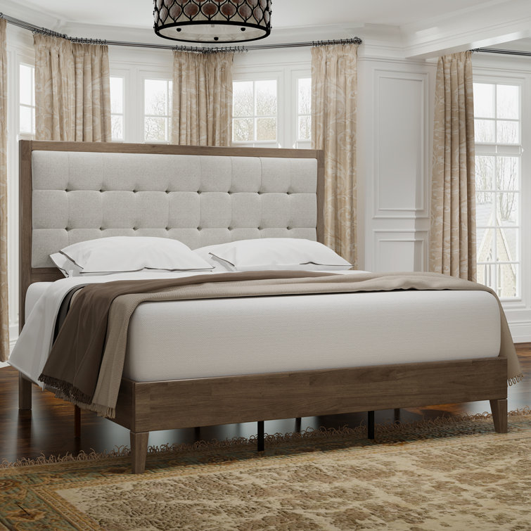 Ash Gray Queen Wood Platform Bed with Tufted Linen Headboard