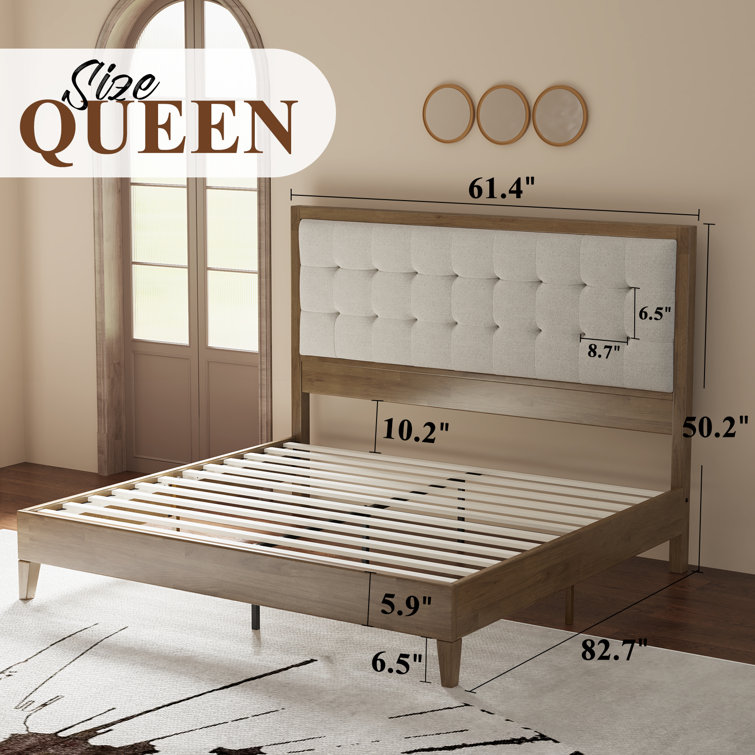 Ash Gray Queen Wood Platform Bed with Tufted Linen Headboard