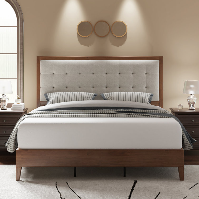 Walnut Full Size Wood Platform Bed with Tufted Linen Headboard