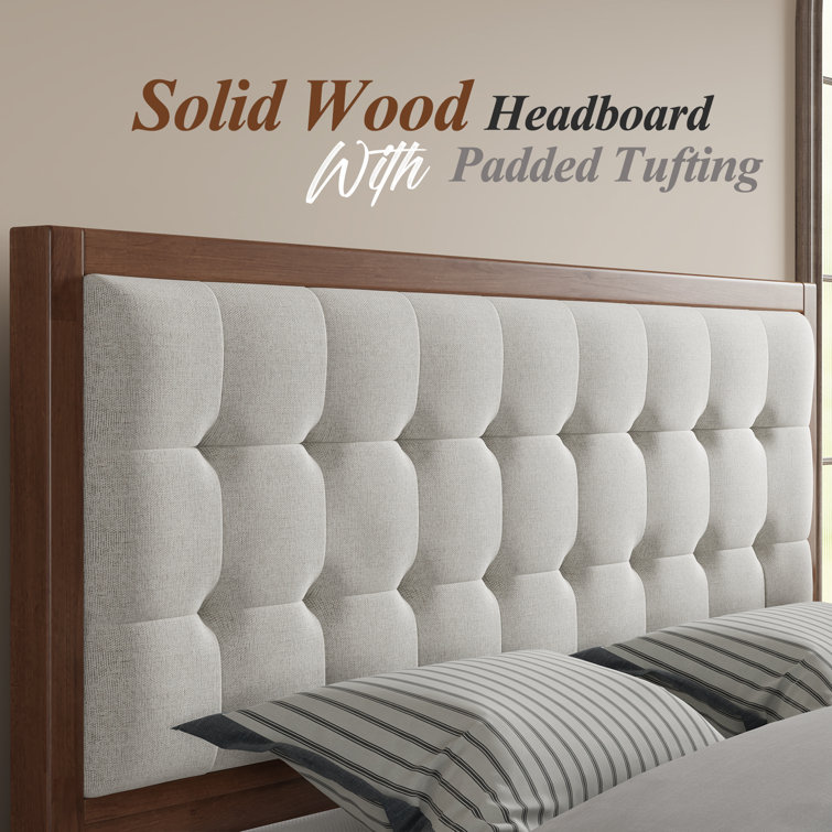 Walnut Full Size Wood Platform Bed with Tufted Linen Headboard