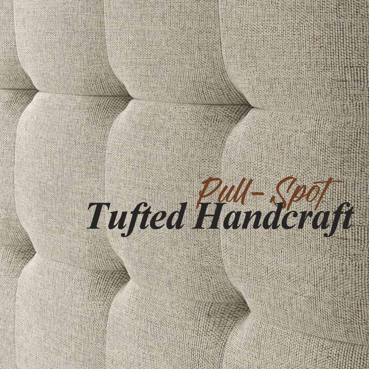 Walnut Full Size Wood Platform Bed with Tufted Linen Headboard
