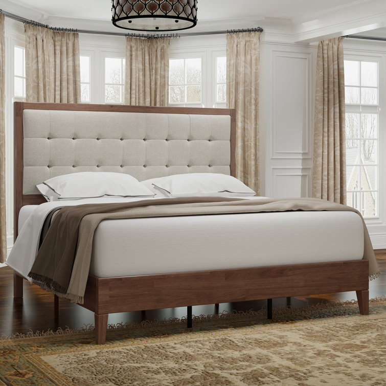 Walnut Full Size Wood Platform Bed with Tufted Linen Headboard