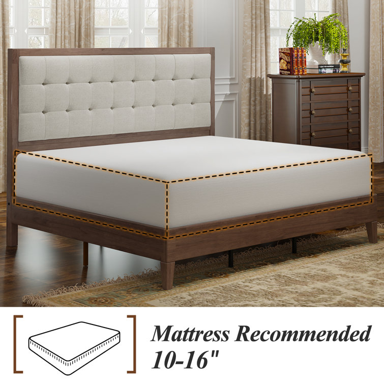 Walnut Full Size Wood Platform Bed with Tufted Linen Headboard