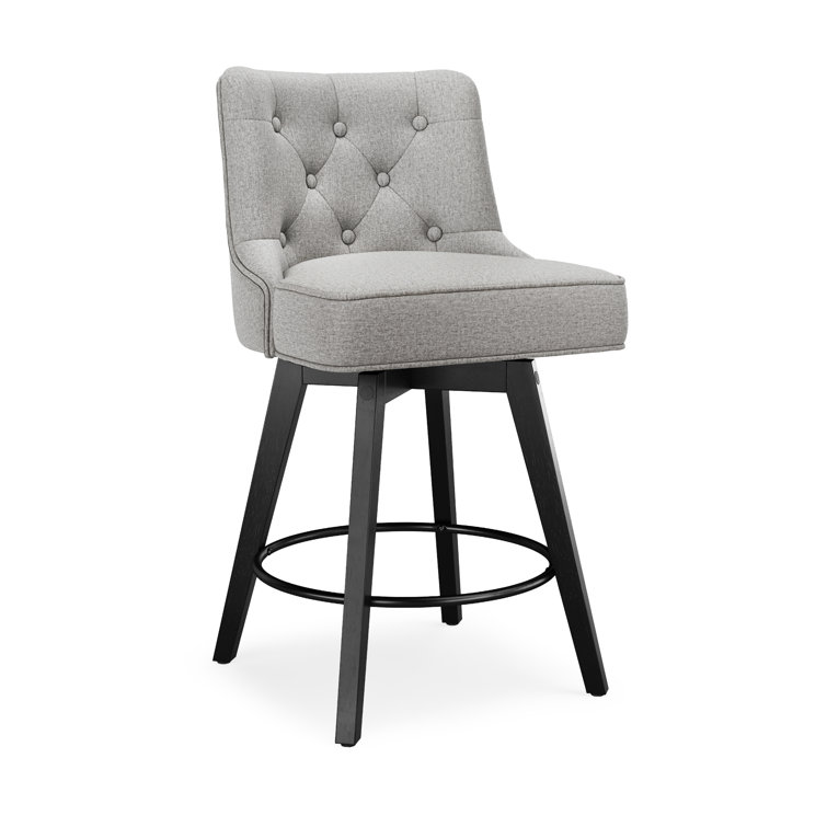 Gray Upholstered Swivel Counter Stool with Solid Wood Frame