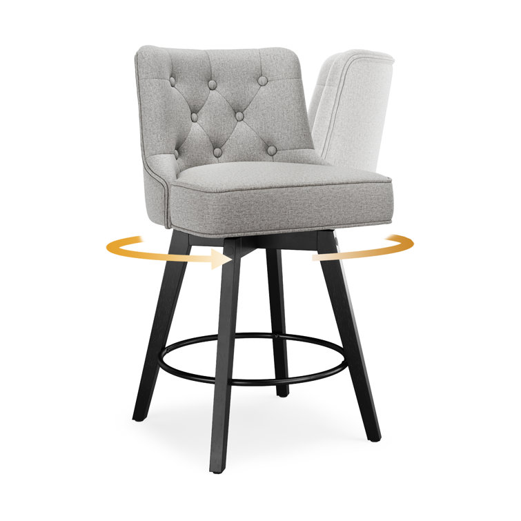 Gray Upholstered Swivel Counter Stool with Solid Wood Frame
