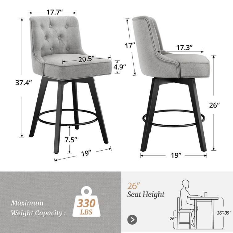 Gray Upholstered Swivel Counter Stool with Solid Wood Frame