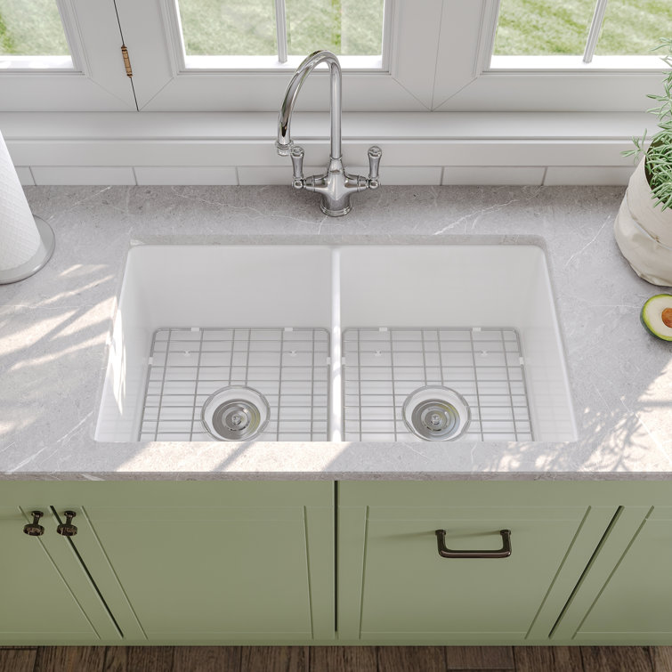 32" L Dual Mount 50/50 Double Bowl Undermount/Drop in Kitchen Sink with Basket Strainer and Sink Grid