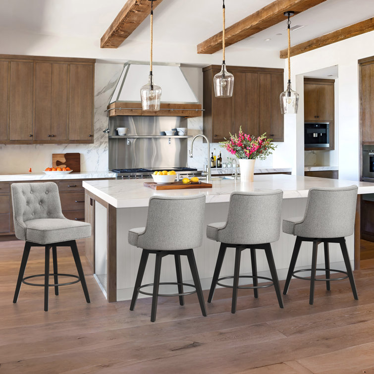 Gray Upholstered Swivel Counter Stool with Solid Wood Frame