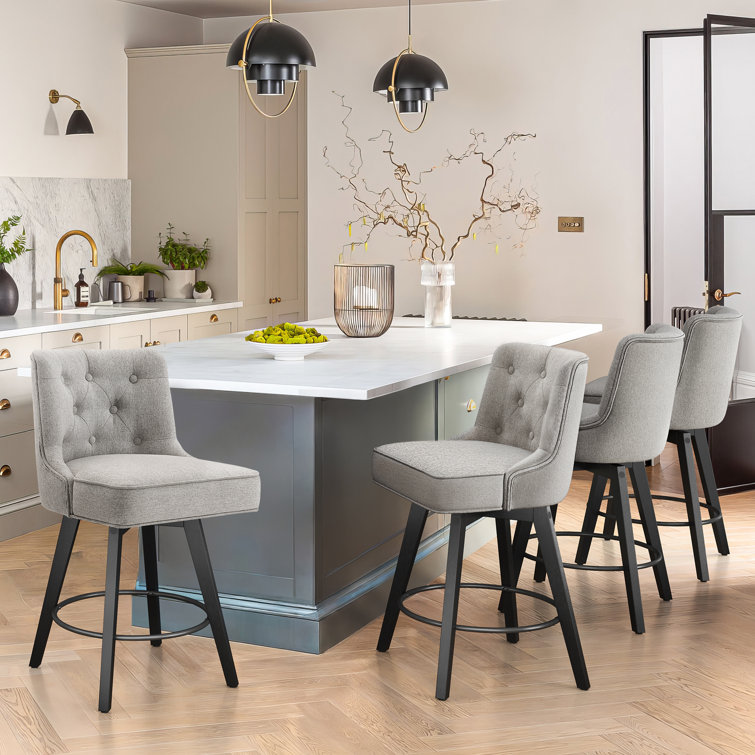 Gray Upholstered Swivel Counter Stool with Solid Wood Frame
