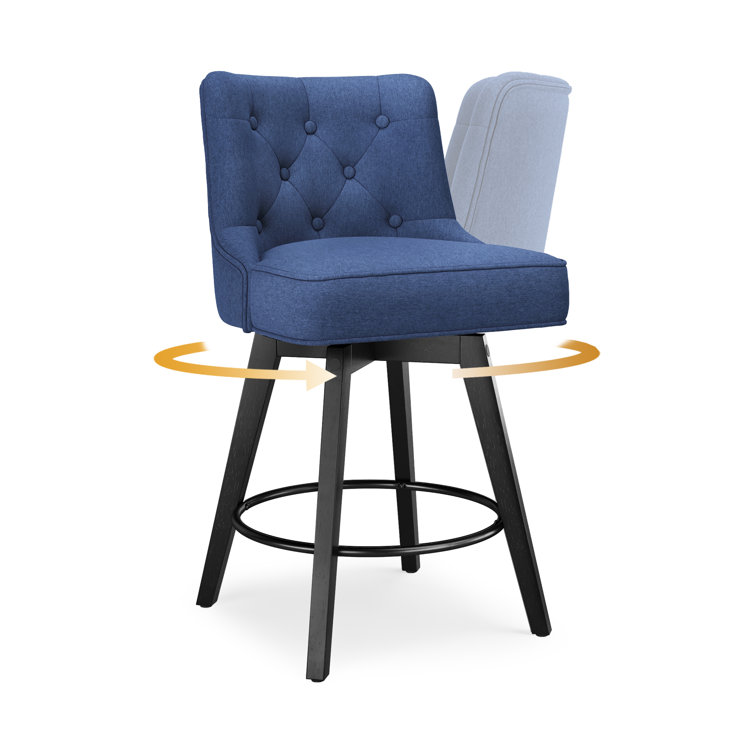Navy Upholstered Swivel Counter Stool with Tufted Back and Metal Legs
