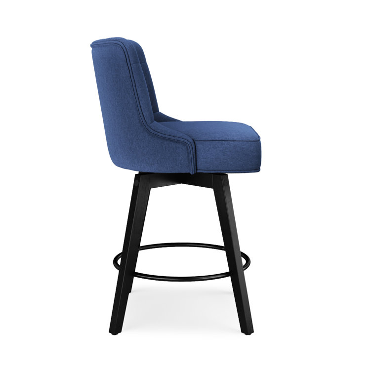 Navy Upholstered Swivel Counter Stool with Tufted Back and Metal Legs