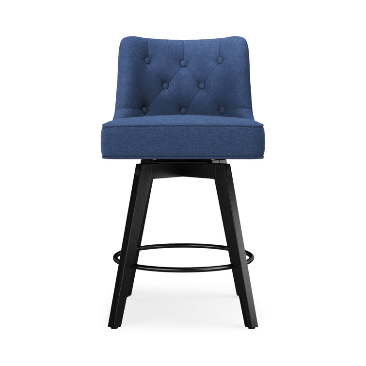 Navy Upholstered Swivel Counter Stool with Tufted Back and Metal Legs