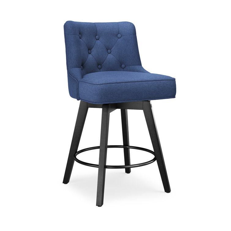 Navy Upholstered Swivel Counter Stool with Tufted Back and Metal Legs