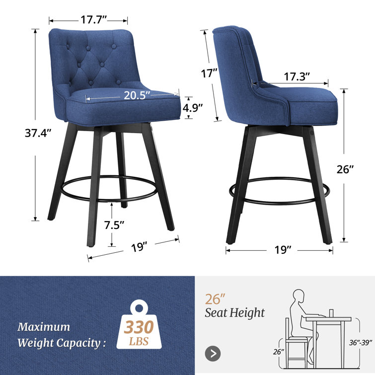 Navy Upholstered Swivel Counter Stool with Tufted Back and Metal Legs