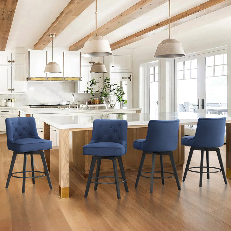 Navy Upholstered Swivel Counter Stool with Tufted Back and Metal Legs