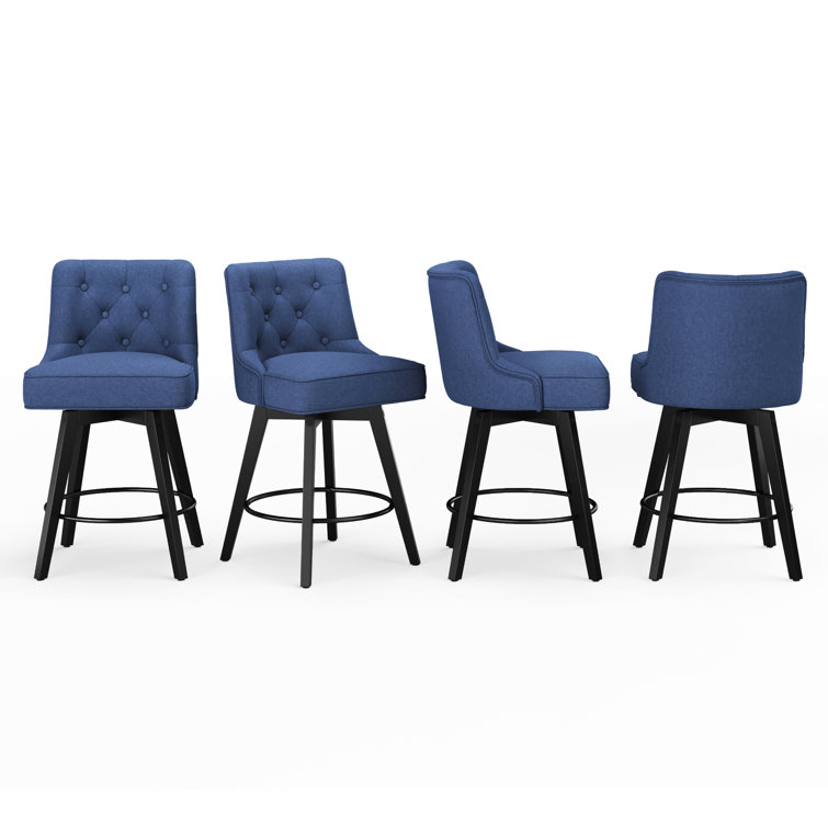Navy Upholstered Swivel Counter Stool with Tufted Back and Metal Legs