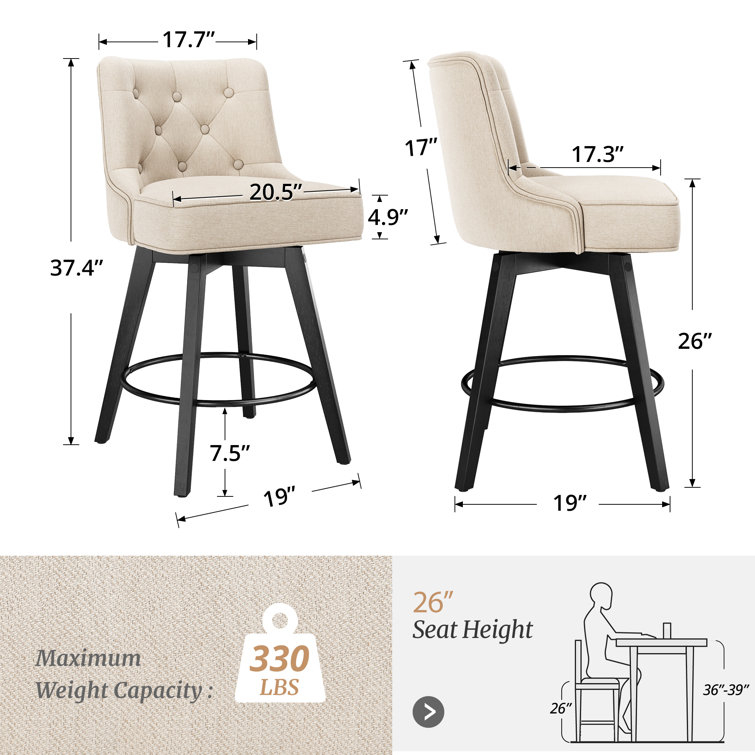 Beige Linen Upholstered Swivel Counter Stool with Solid Wood Frame