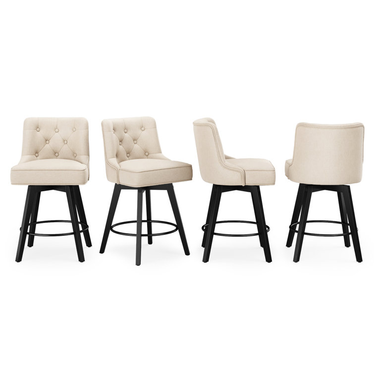 Beige Linen Upholstered Swivel Counter Stool with Solid Wood Frame