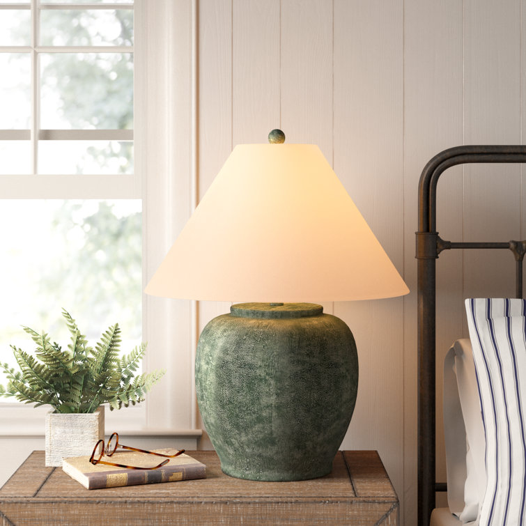 Green Concrete Table Lamp with White Linen Shade