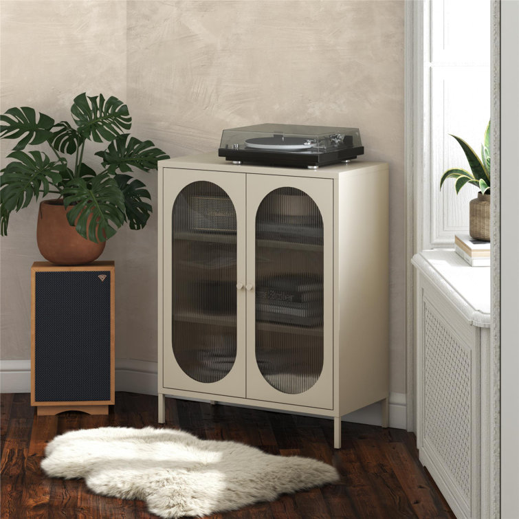 Parchment Metal Accent Cabinet with Fluted Glass Doors