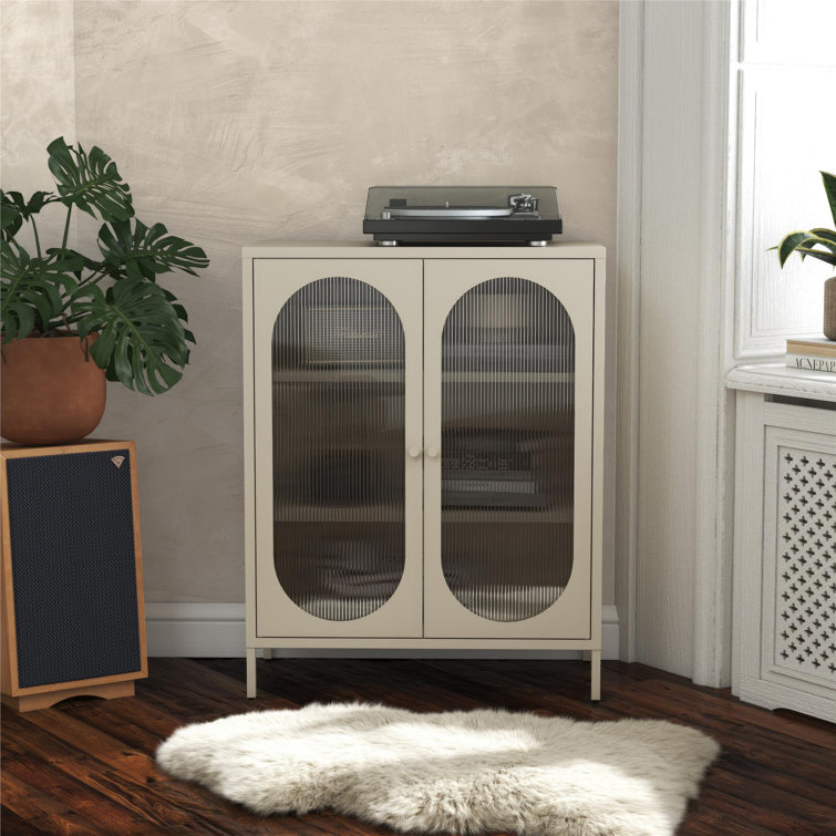 Parchment Metal Accent Cabinet with Fluted Glass Doors