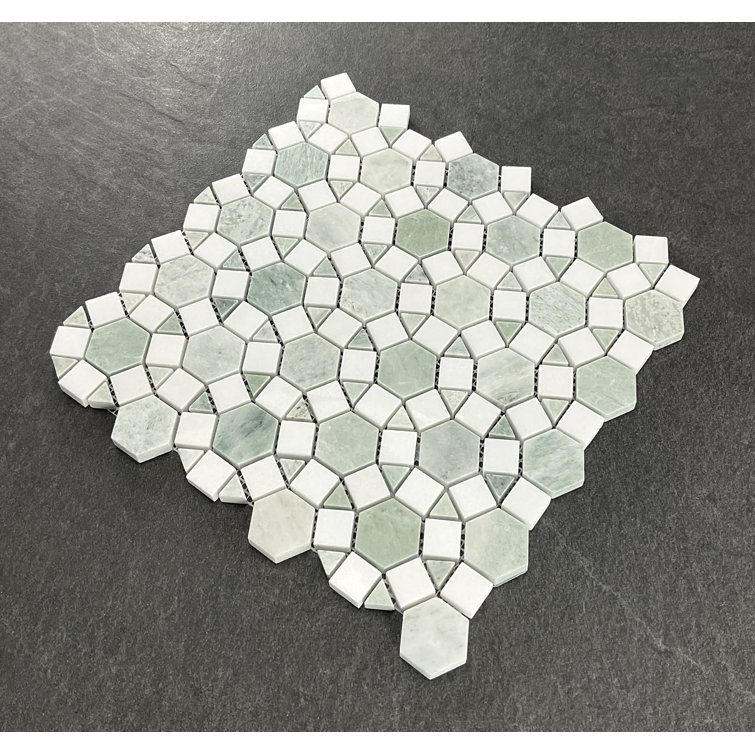 12" Green and White Polished Marble Mosaic Tile