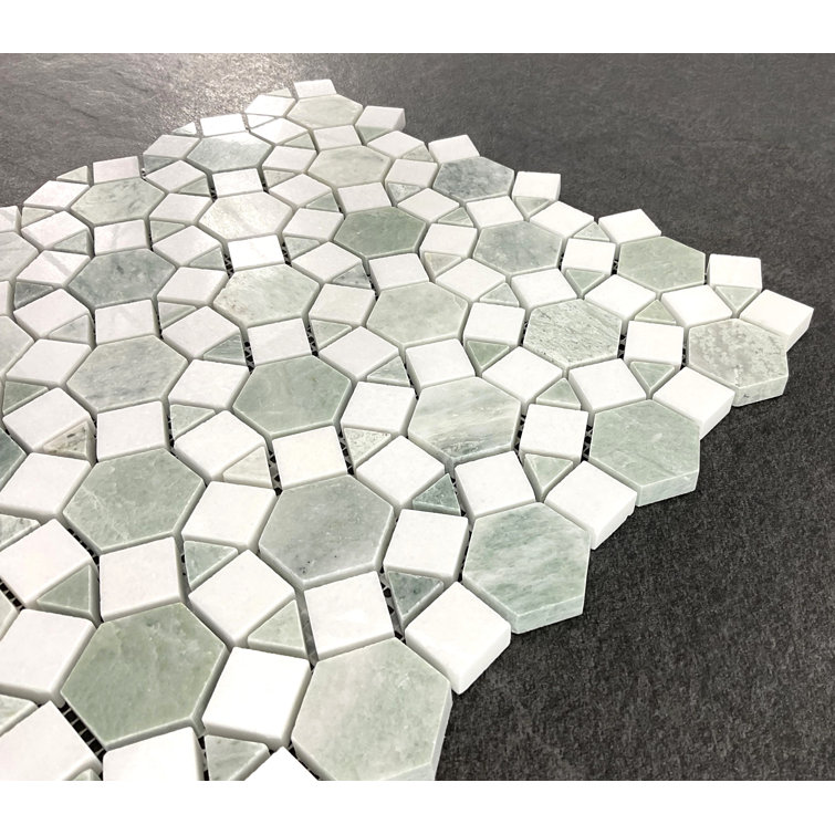 12" Green and White Polished Marble Mosaic Tile