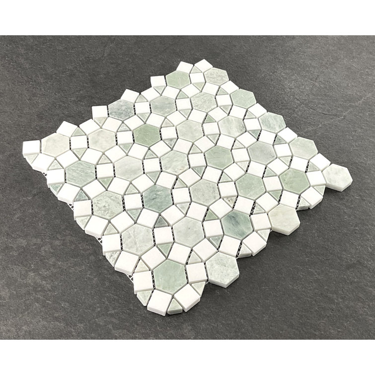 12" Green and White Polished Marble Mosaic Tile