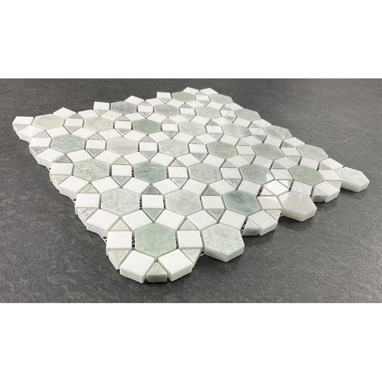 12" Green and White Polished Marble Mosaic Tile